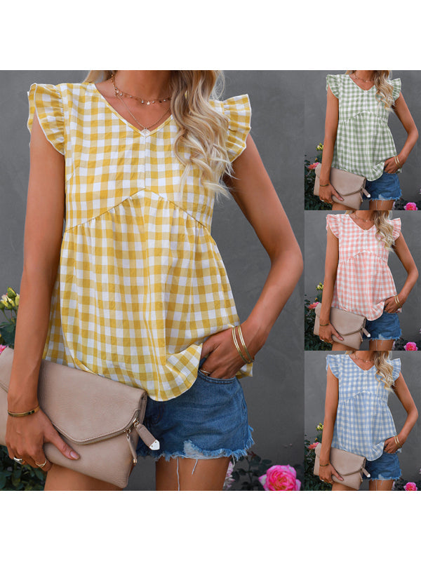 Women's V-neck sleeveless Plaid top - Closther