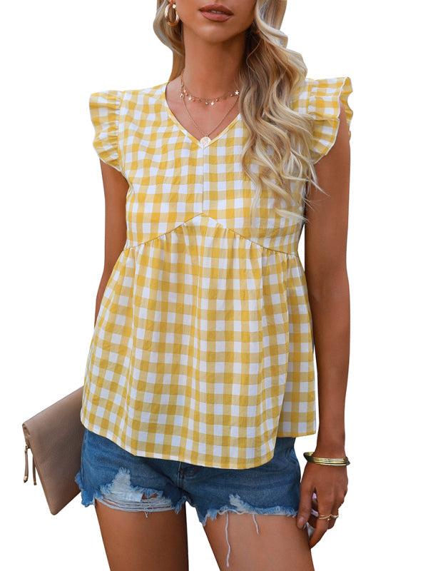 Women's V-neck sleeveless Plaid top - Closther