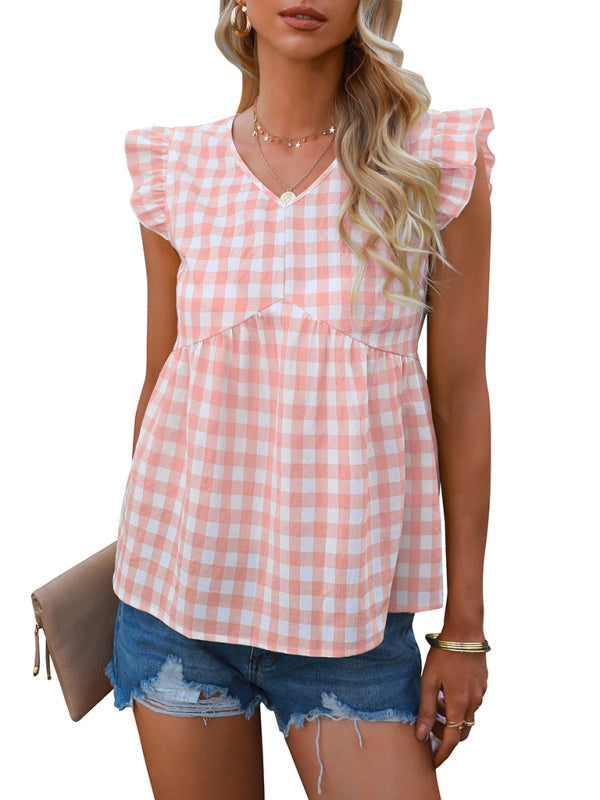 Women's V-neck sleeveless Plaid top - Closther