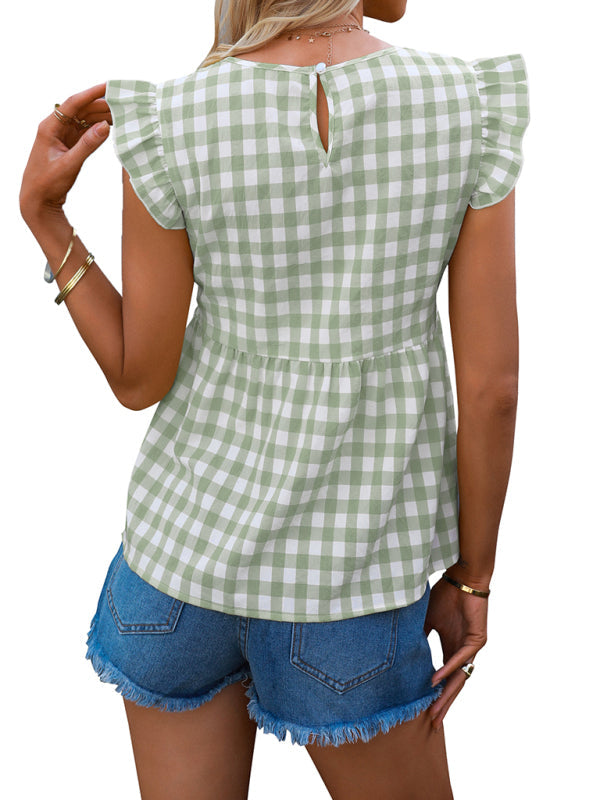 Women's V-neck sleeveless Plaid top - Closther