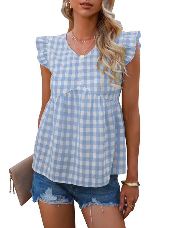 Women's V-neck sleeveless Plaid top - Closther