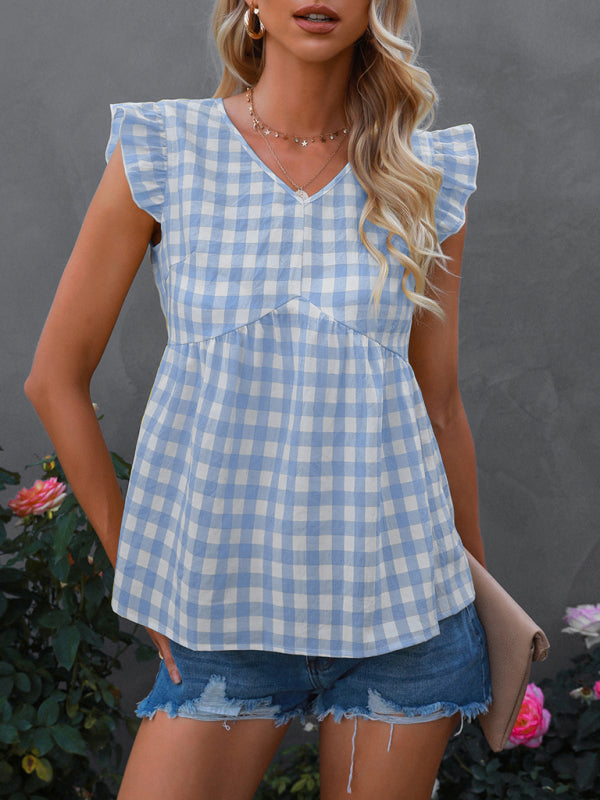 Women's V-neck sleeveless Plaid top - Closther