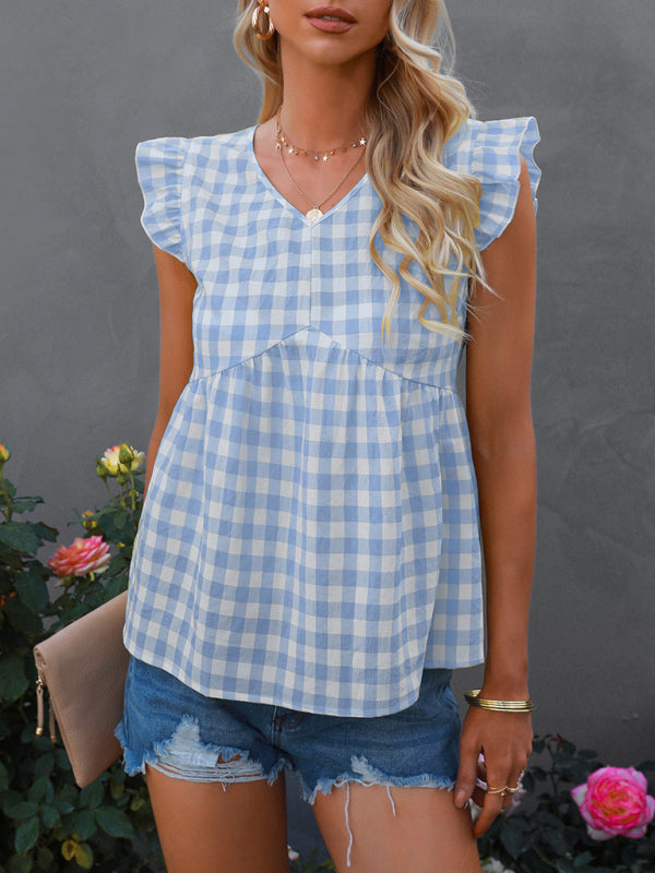 Women's V-neck sleeveless Plaid top - Closther