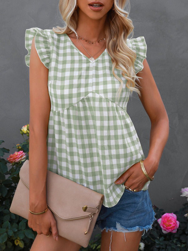 Women's V-neck sleeveless Plaid top - Closther