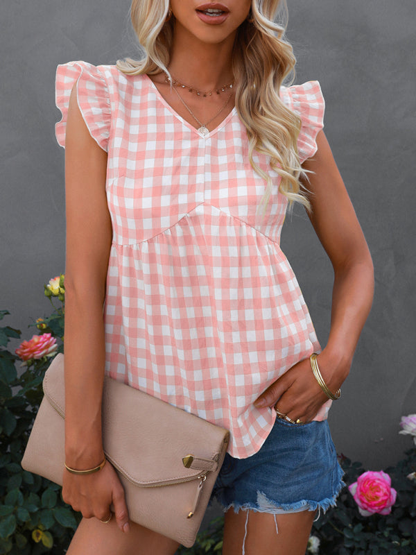 Women's V-neck sleeveless Plaid top - Closther