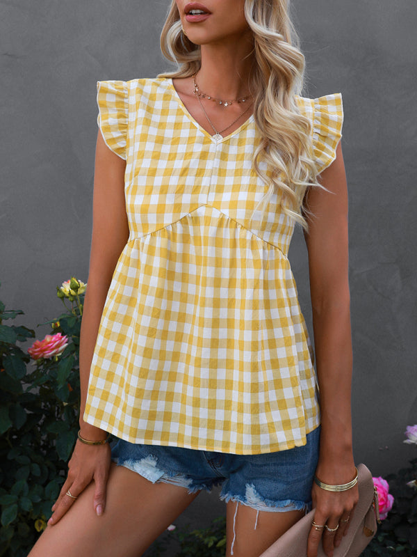 Women's V-neck sleeveless Plaid top - Closther