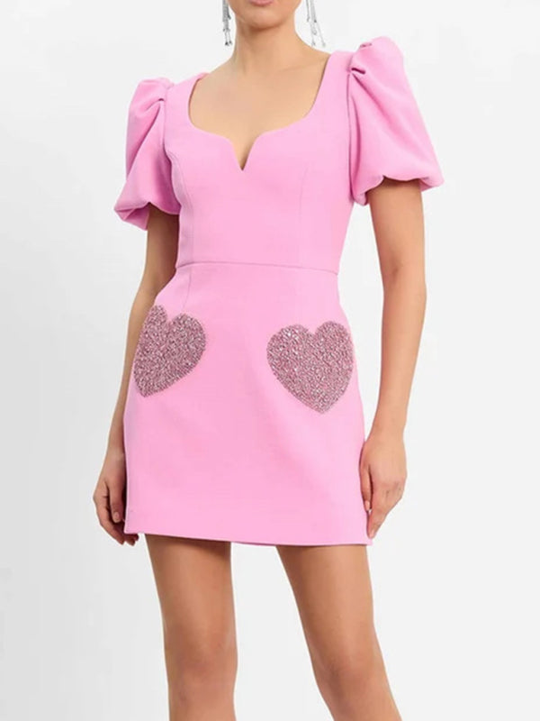 Women’s V-neck sweet puff sleeve sequin dress - Pink / S