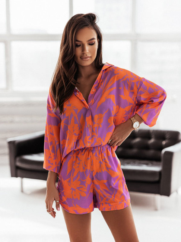 Women’s vacation style printed shirt + shorts two-piece sets - Orange Red / S