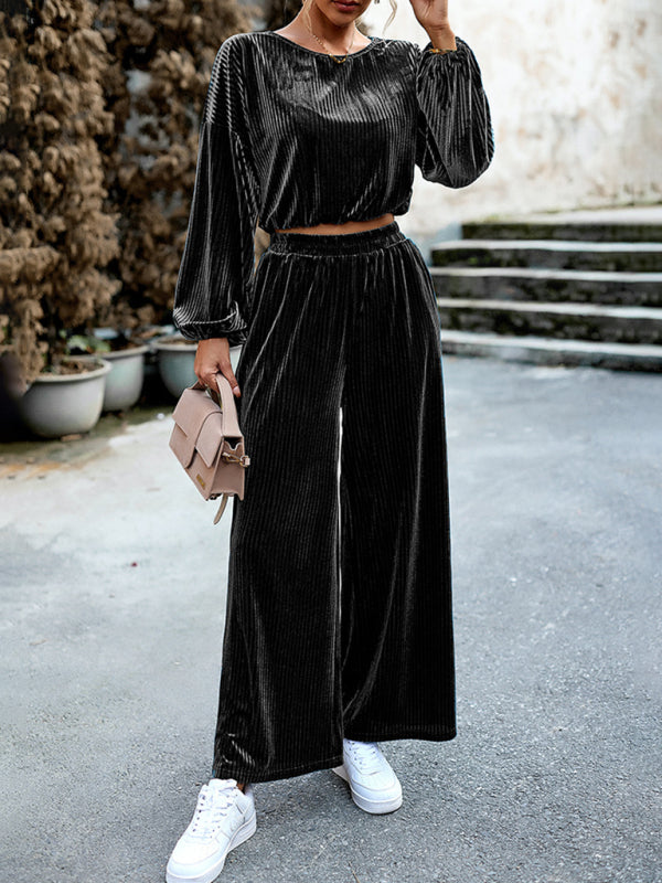 women’s velvet fashion suit women’s casual two-piece set - Black / S