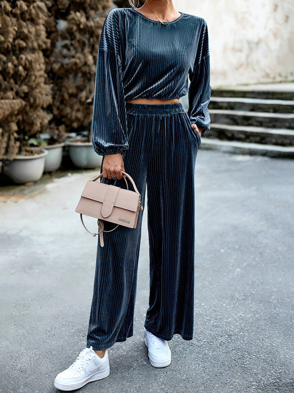 women’s velvet fashion suit women’s casual two-piece set - Blue / S