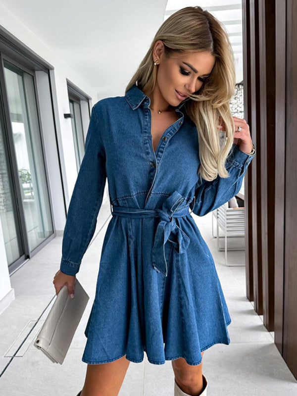 Women’s waist-cinched lapel denim dress