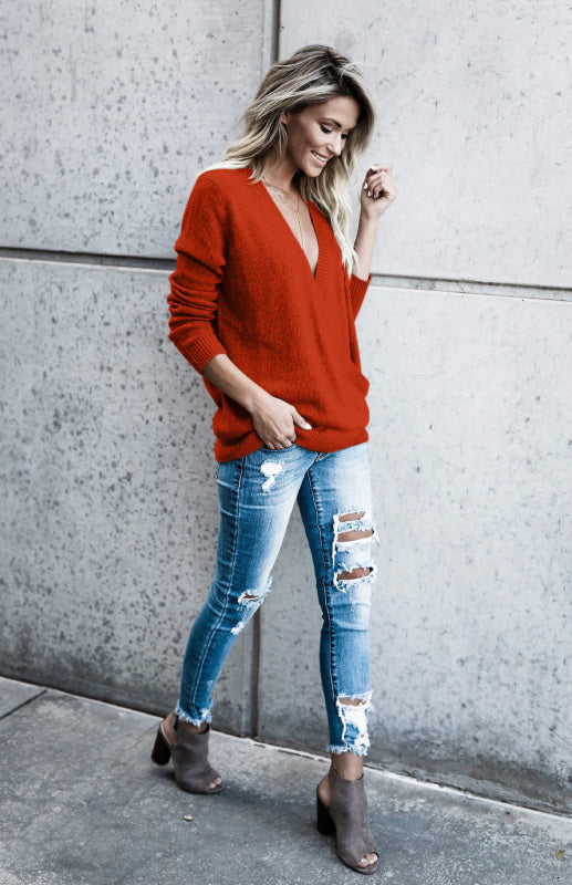 Women’s Wool Knitted Long-Sleeved Big V-Neck Long-Sleeved T-Shirt Women’s Loose Clothing - Orange / S