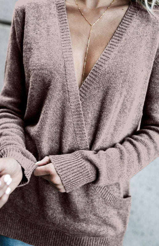 Women’s Wool Knitted Long-Sleeved Big V-Neck Long-Sleeved T-Shirt Women’s Loose Clothing