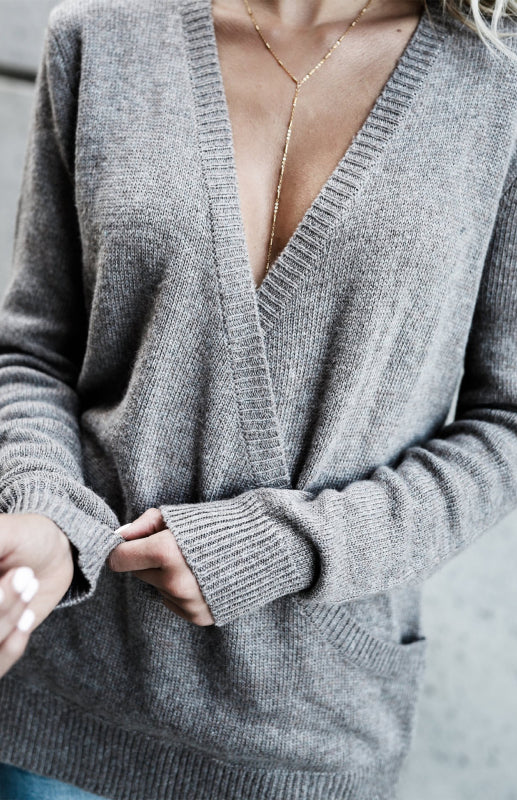 Women’s Wool Knitted Long-Sleeved Big V-Neck Long-Sleeved T-Shirt Women’s Loose Clothing