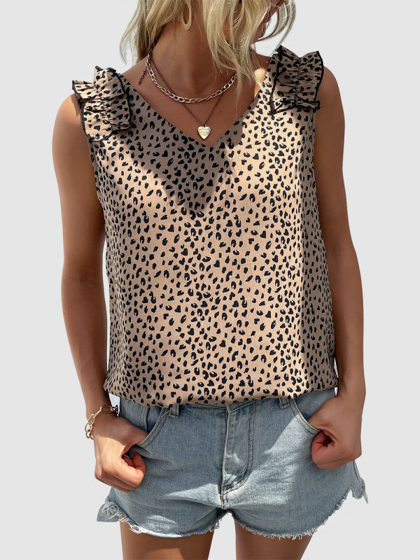 Women’s Woven Fashion Casual Leopard V-Neck V-Neck Vest - Khaki / S