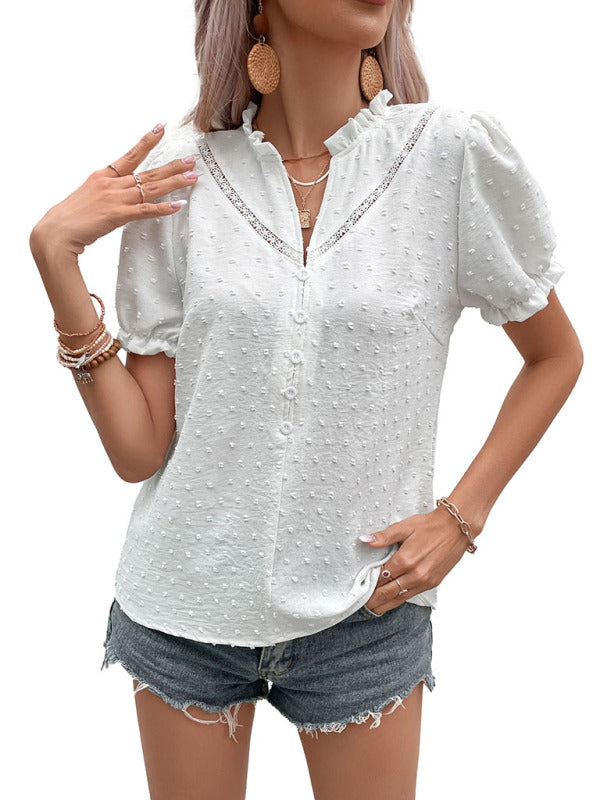 Women’s Woven Jacquard Fabric Short Sleeve Lace Shirt