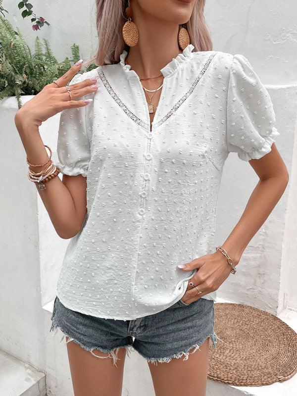 Women’s Woven Jacquard Fabric Short Sleeve Lace Shirt - White / S