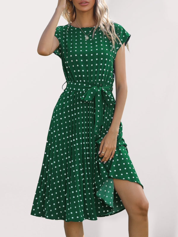 Women’s Woven Polka Dot Pleated Midi Dress - Deep green / S