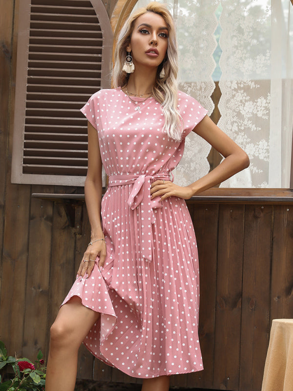 Women’s Woven Polka Dot Pleated Midi Dress - Pink / S