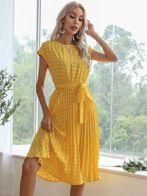 Women’s Woven Polka Dot Pleated Midi Dress - Yellow / S