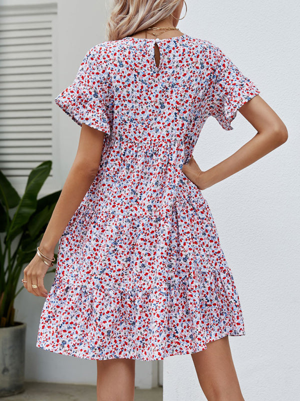 Women’s Woven Printed Round Neck Ruffle Sleeve Loose Dress