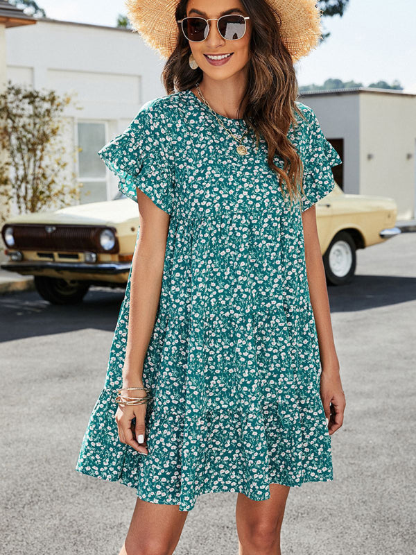 Women’s Woven Printed Round Neck Ruffle Sleeve Loose Dress