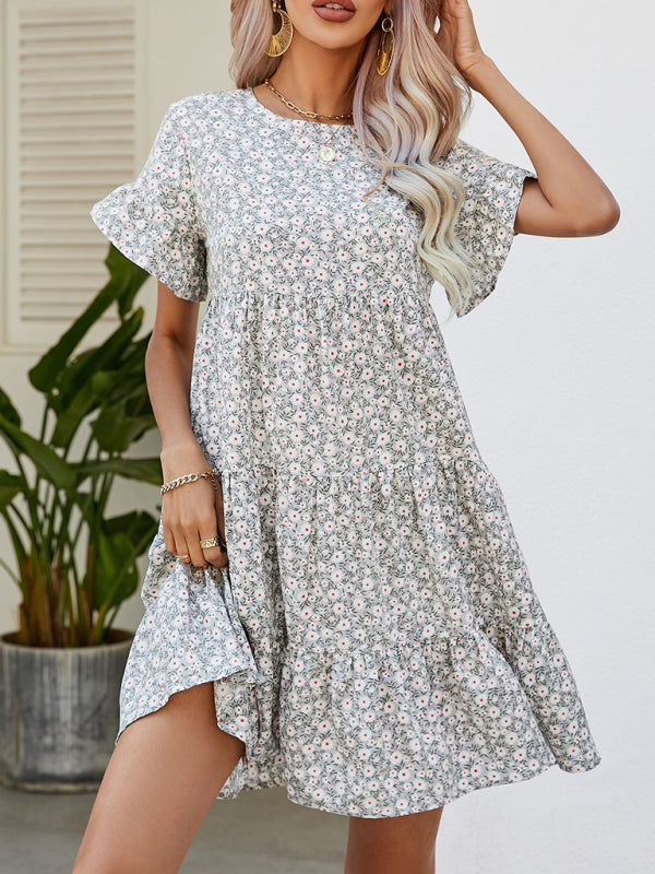 Women’s Woven Printed Round Neck Ruffle Sleeve Loose Dress