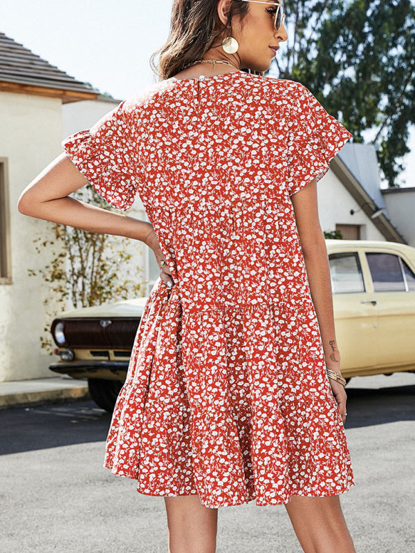 Women’s Woven Printed Round Neck Ruffle Sleeve Loose Dress