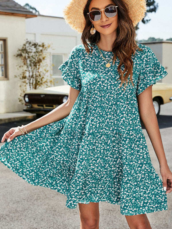 Women’s Woven Printed Round Neck Ruffle Sleeve Loose Dress - Green / S