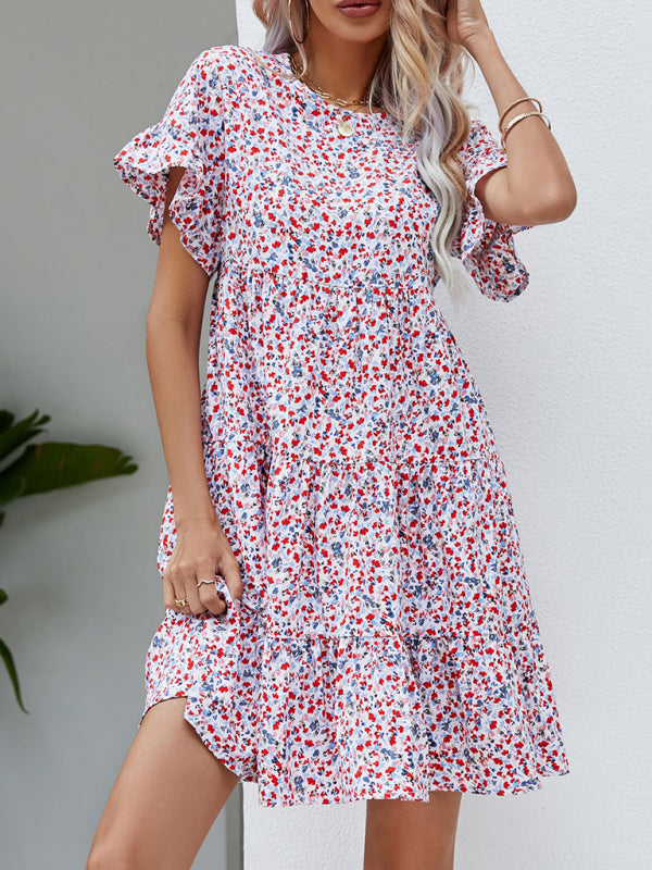 Women’s Woven Printed Round Neck Ruffle Sleeve Loose Dress - Pattern / S