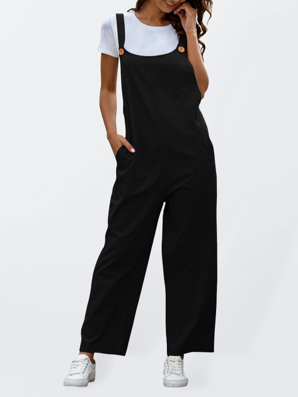 Women’s Woven Retro Casual Long Overalls - Black / S