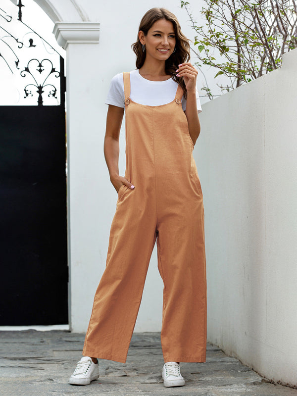 Women’s Woven Retro Casual Long Overalls - Orange / S