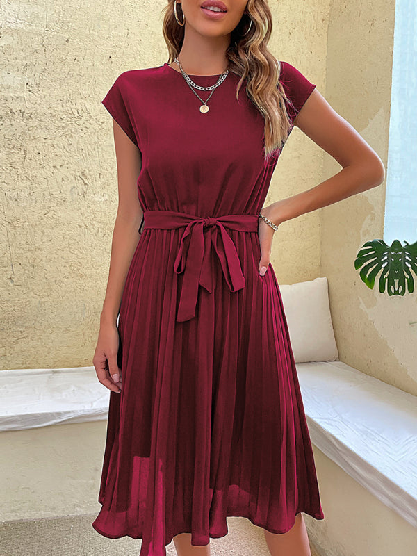 Women’s Woven Round Neck Elegant Pleated Dress