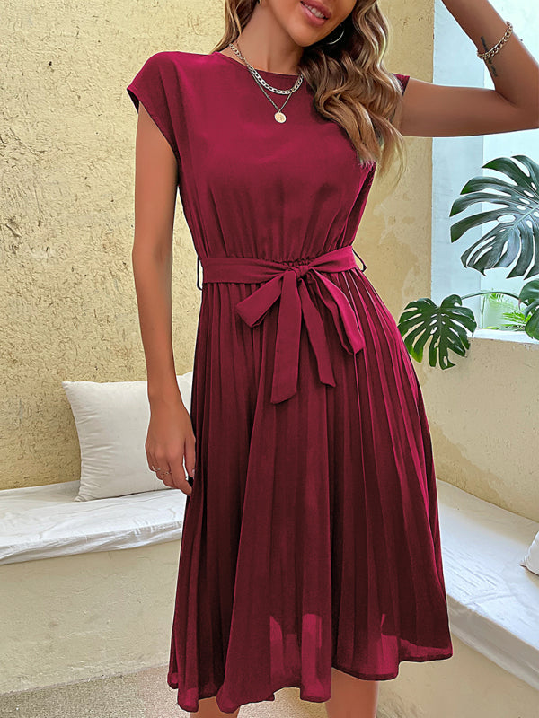 Women’s Woven Round Neck Elegant Pleated Dress