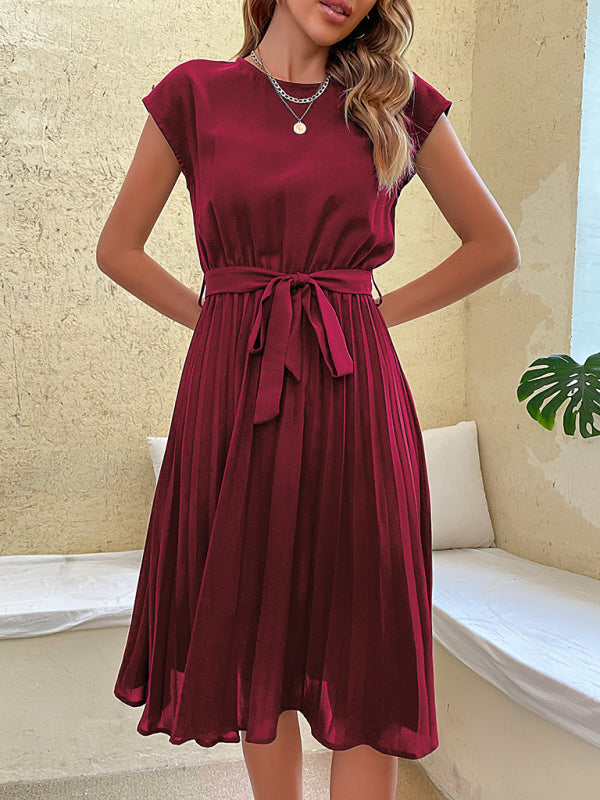 Women’s Woven Round Neck Elegant Pleated Dress