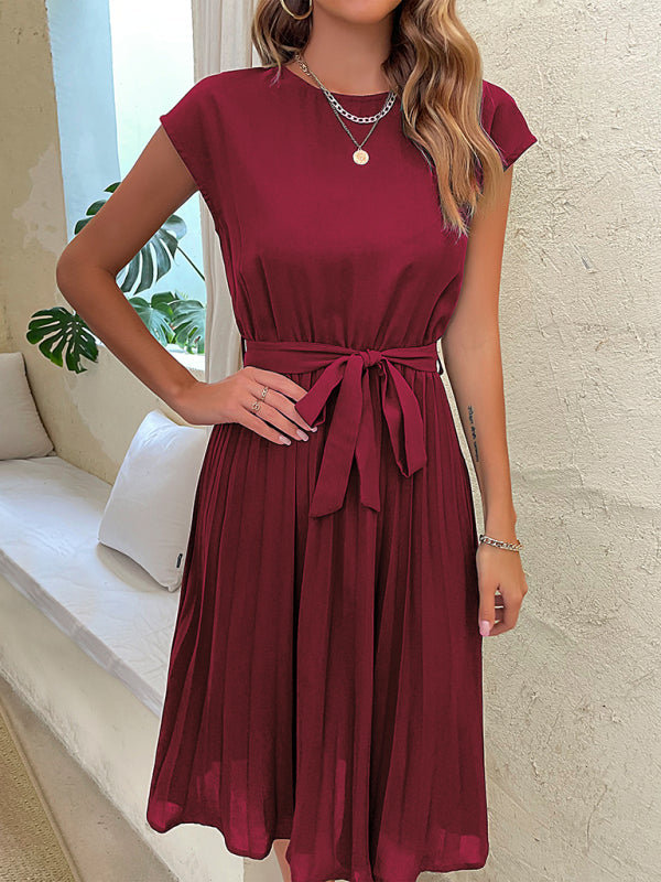 Women’s Woven Round Neck Elegant Pleated Dress - Wine Red / S