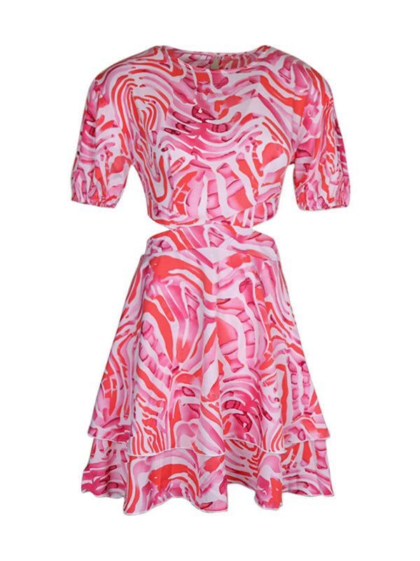 Women’s Woven Round Neck Hollow Backless Ties Abstract Print Dress