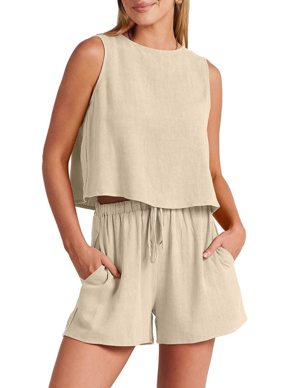 Women’s woven solid color sleeveless loose cotton linen top shorts two-piece set
