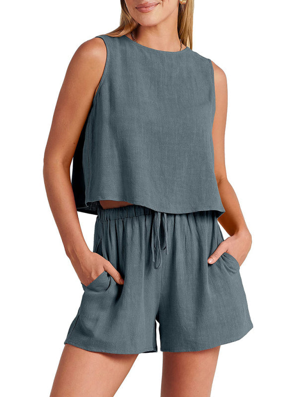 Women’s woven solid color sleeveless loose cotton linen top shorts two-piece set
