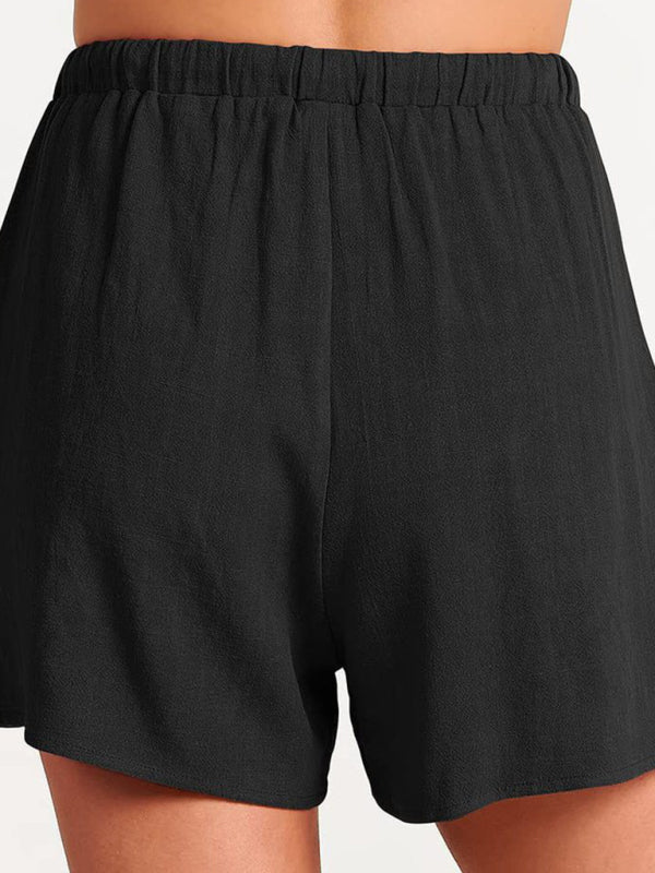 Women’s woven solid color sleeveless loose cotton linen top shorts two-piece set