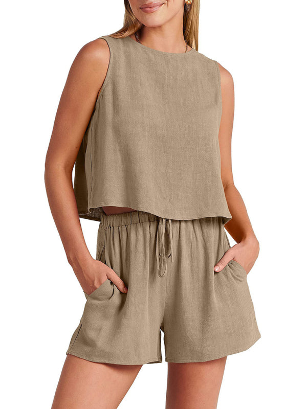Women’s woven solid color sleeveless loose cotton linen top shorts two-piece set