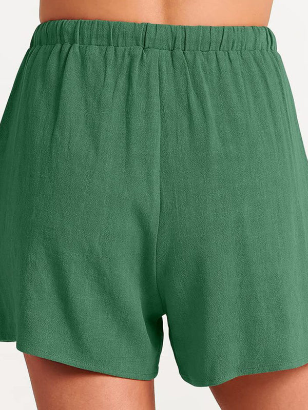 Women’s woven solid color sleeveless loose cotton linen top shorts two-piece set