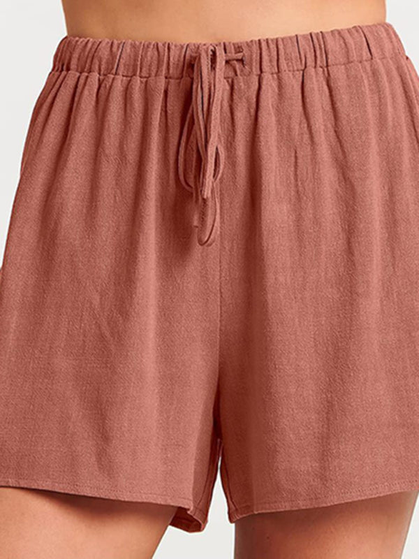 Women’s woven solid color sleeveless loose cotton linen top shorts two-piece set