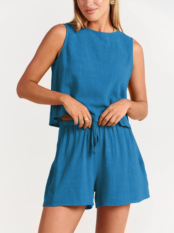 Women’s woven solid color sleeveless loose cotton linen top shorts two-piece set - Acid blue / S
