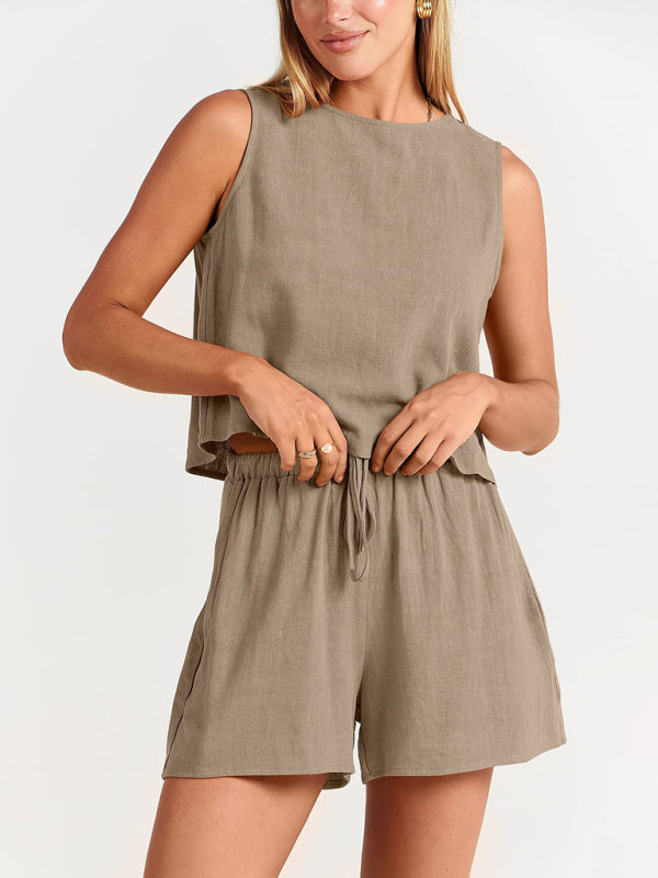 Women’s woven solid color sleeveless loose cotton linen top shorts two-piece set - Khaki / S