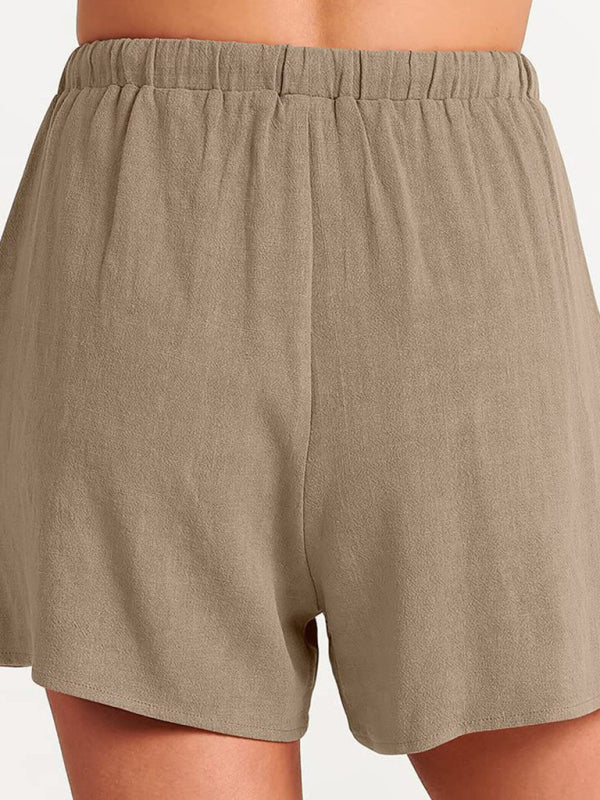 Women’s woven solid color sleeveless loose cotton linen top shorts two-piece set