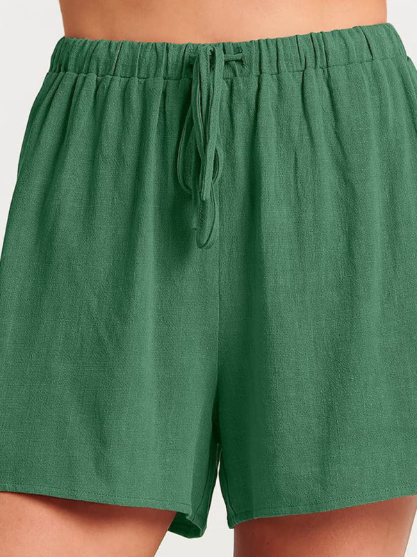 Women’s woven solid color sleeveless loose cotton linen top shorts two-piece set