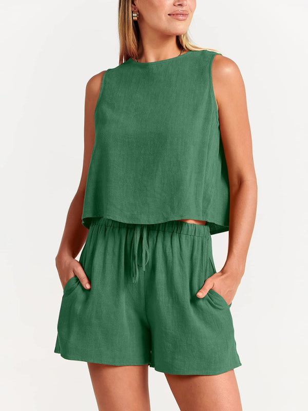 Women’s woven solid color sleeveless loose cotton linen top shorts two-piece set - Green / S