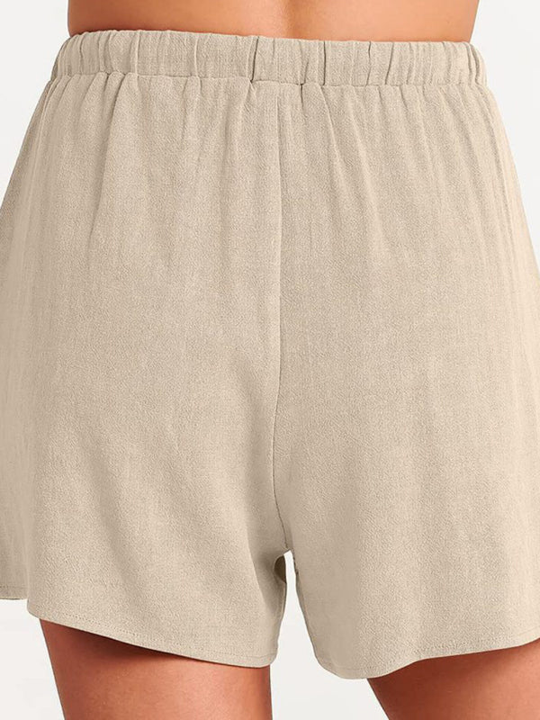 Women’s woven solid color sleeveless loose cotton linen top shorts two-piece set