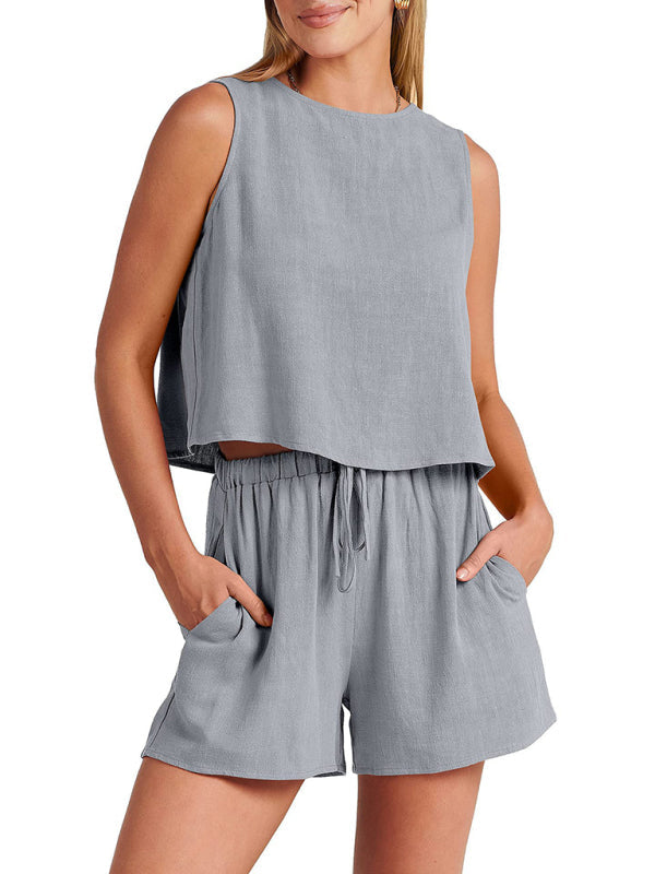Women’s woven solid color sleeveless loose cotton linen top shorts two-piece set